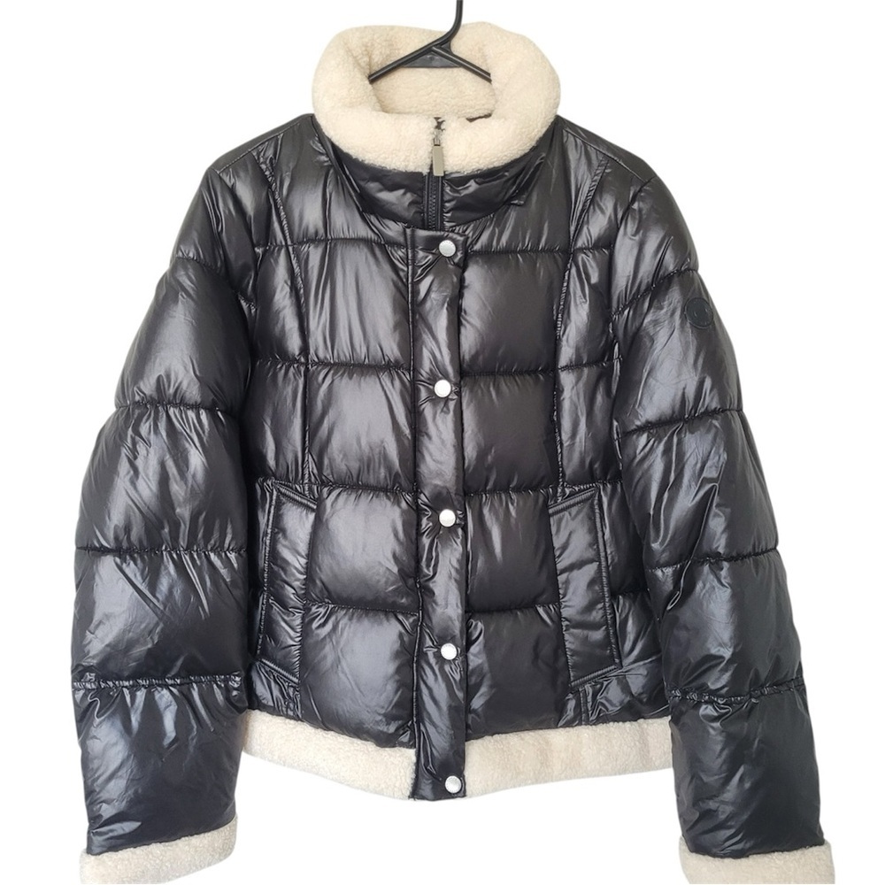 French Connection Black Puffer Jacket with Cream Faux Sherpa Trim size L
